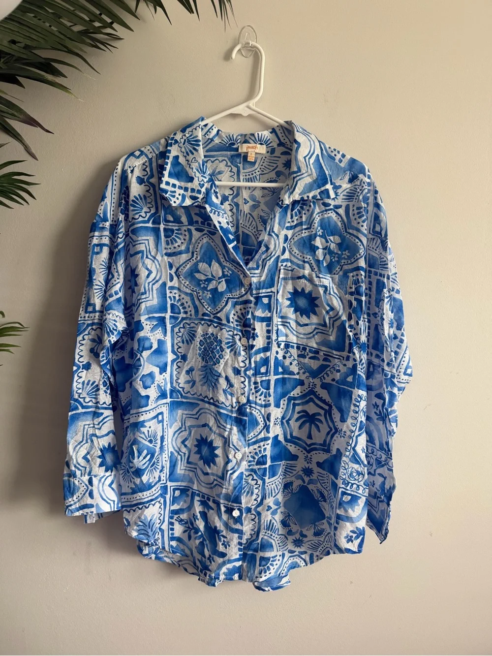 Relaxed Blue & White Printed Button-Down Shirt